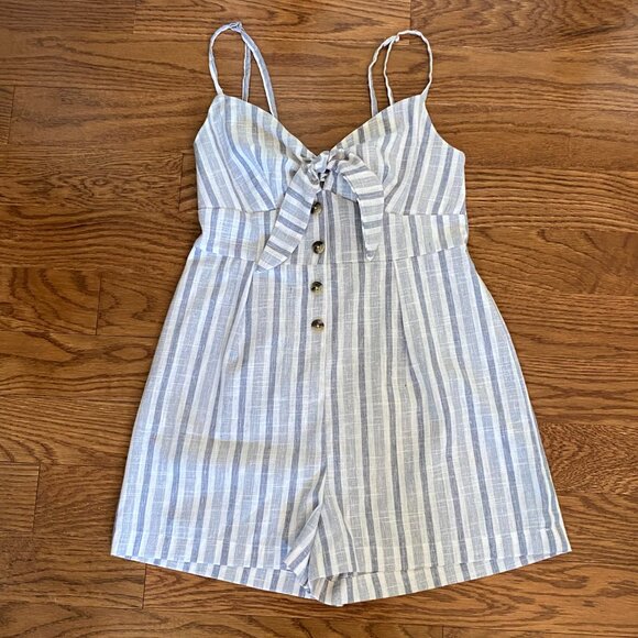 NWOT Blue Striped Thin Strap Cotton Romper with Bow, Cutout and Buttons Summer - Picture 9 of 11